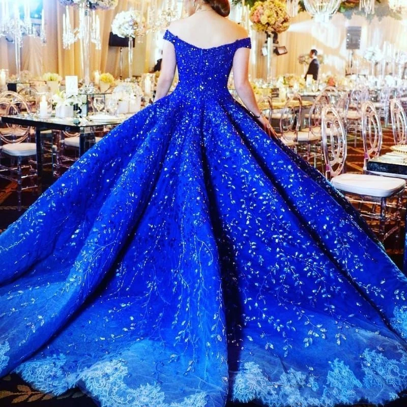 2020 Royal Blue Luxury Dubai Prom Dress Beads Crystal Applique Off Shoulder Evening Gowns Gorgeous Lace Ball Gown Engagement