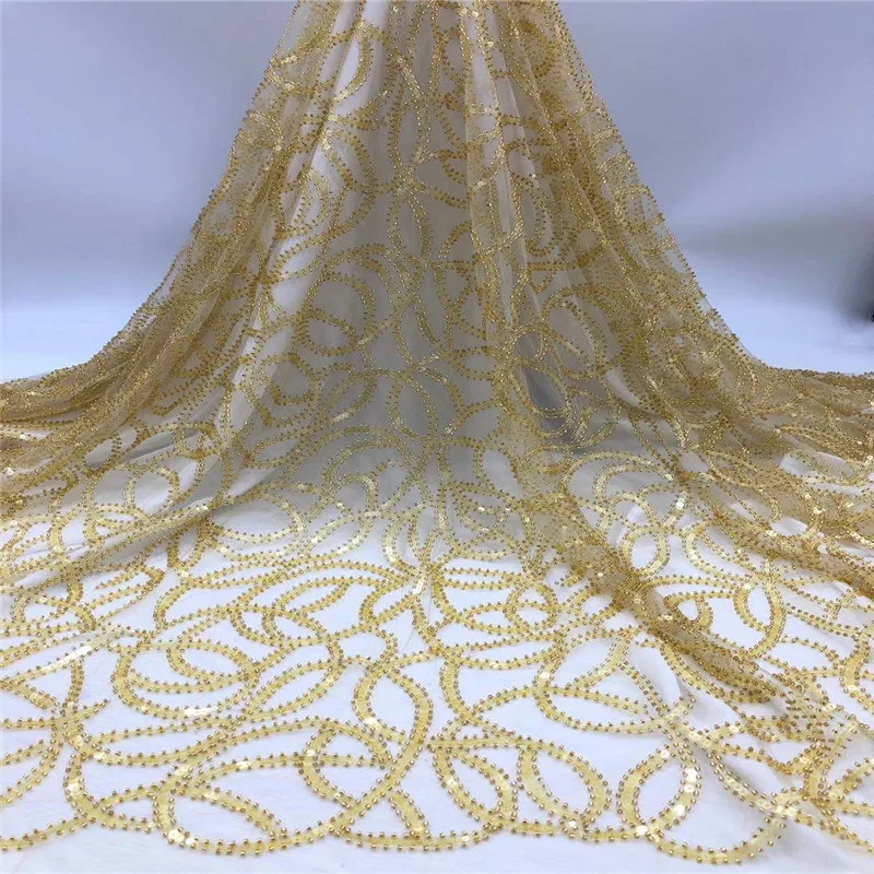 

Latest Nigerian handmade beads lace fabrics high quality beaded sequins french tulle lace for wedding pearls voile mesh jh19-86