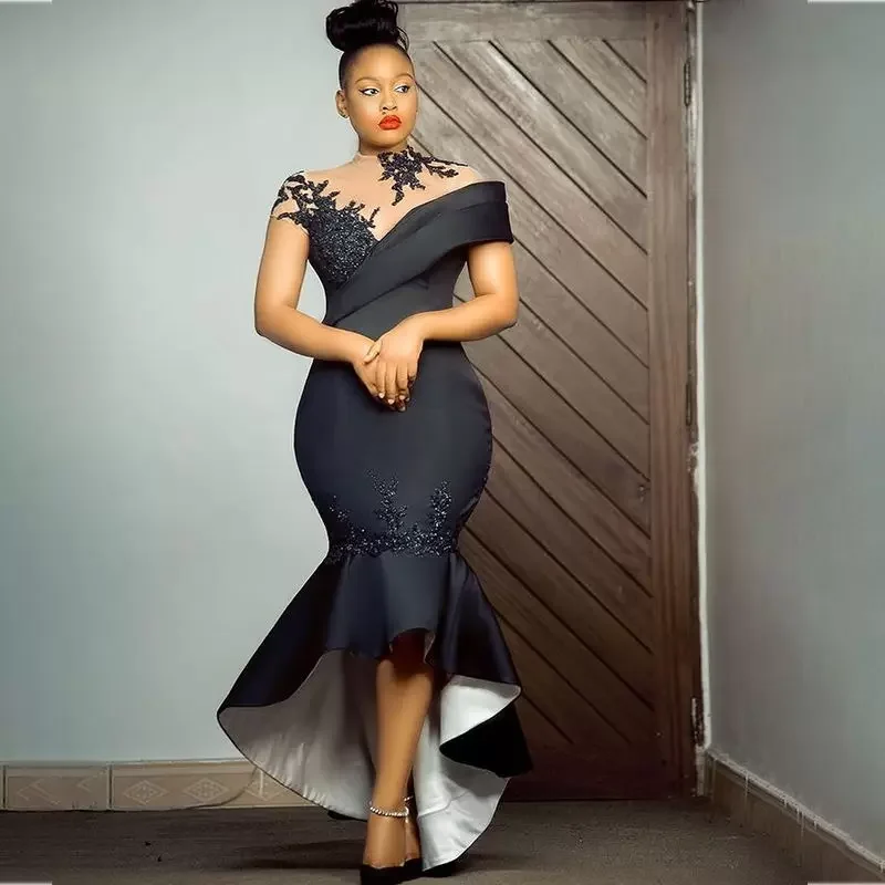 

Vintage Robe De Soiree High Low High Neck Cap Sleeves Satin Applique Long Prom Dresses Prom Gown Evening Dresses