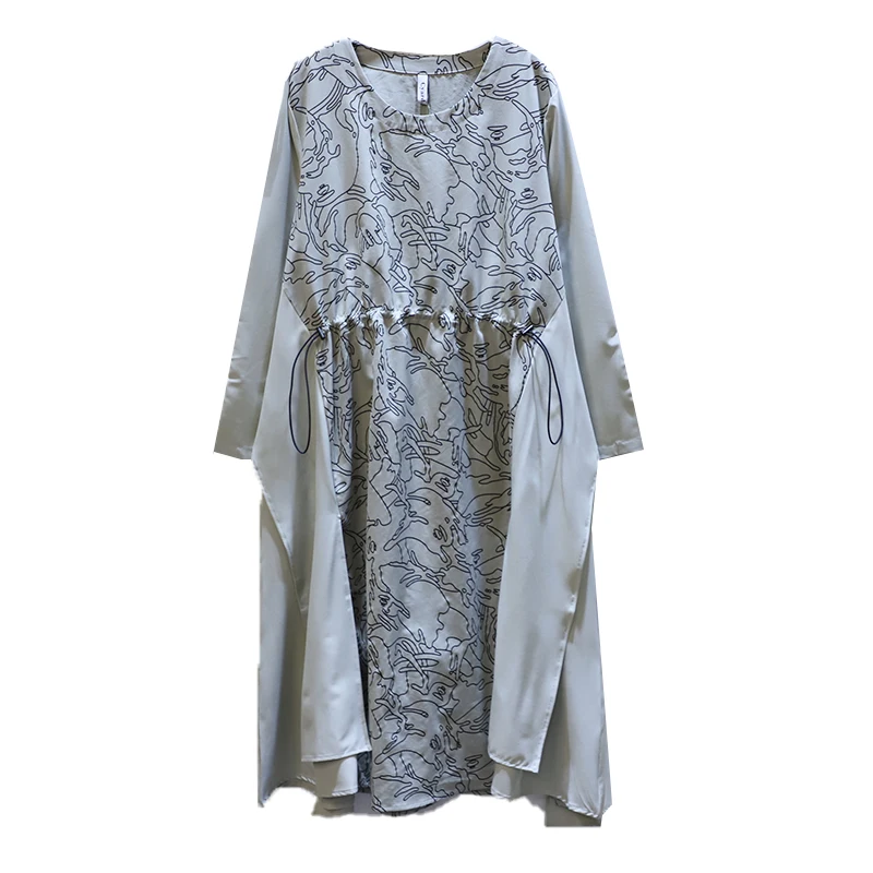 

IEQJ 2021 Spring Autumn New Round Neck Knee-length Long Sleeve Stripe Loose Casual Temperament Women's Dress Oversized 3AC345