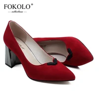 fokolo women pumps pointed toe kid suede square heel high heels spring autumn genuine leather red sexy lady shoes handmade gc5