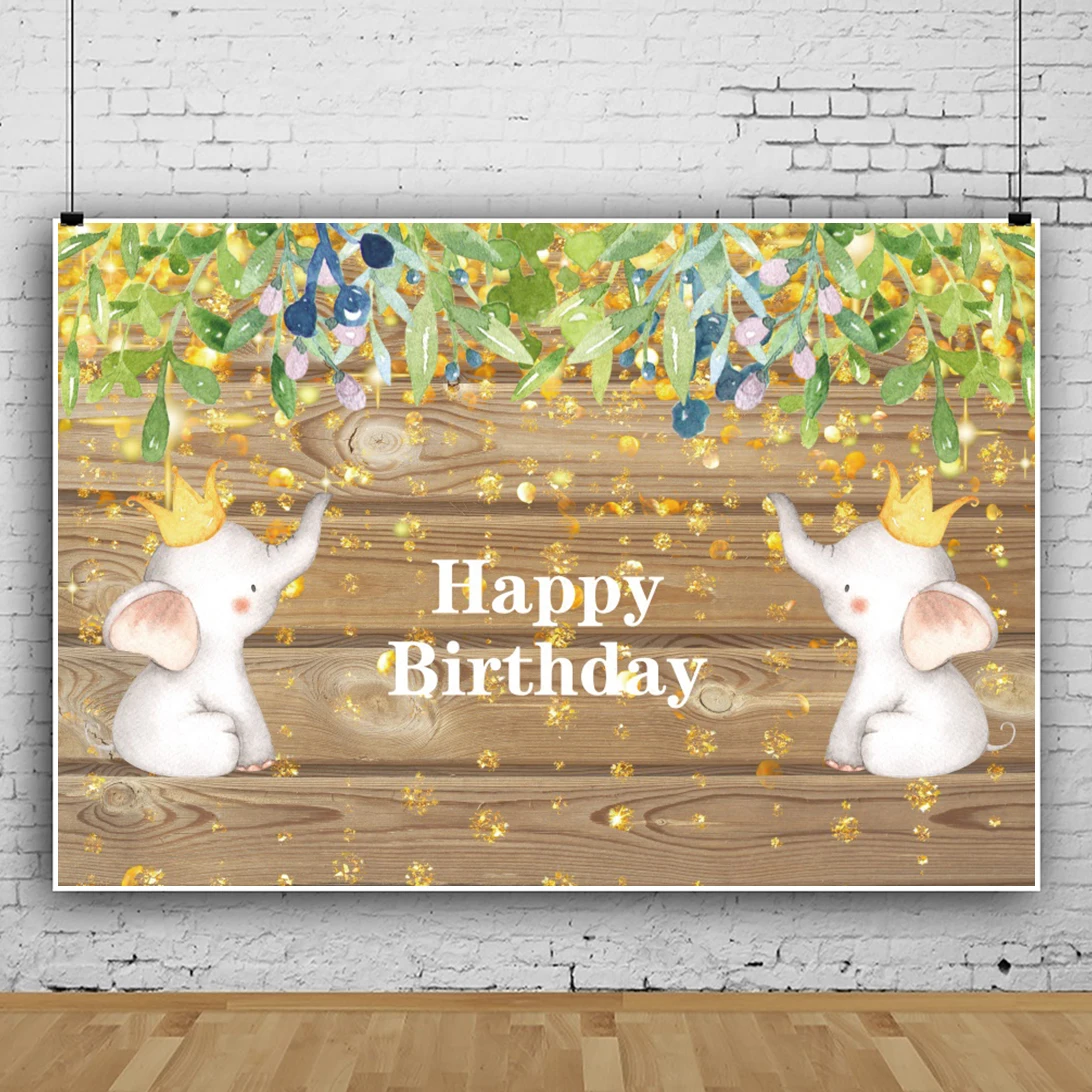 

Laeacco Crown Elephant Giltters Gold Dots Brown Wooden Boards Birthday Portrait Customize Backdrop Photography Photo Background