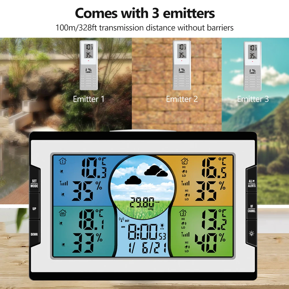 

Digital Alarm Clock Multifunctional Clock RF 4 Channels Temperature Humidity Indicator with Warning Alarm Meteorological Station