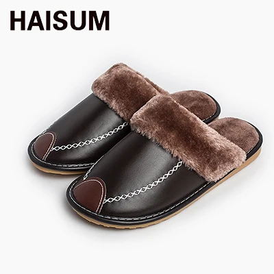 Dark brown Мужские тапочки; зимние домашние Нескользящие термальные тапочки из искусственной кожи; Новинка года; Лидер продаж; Haisum H-8831 - Цвет: Dark brown