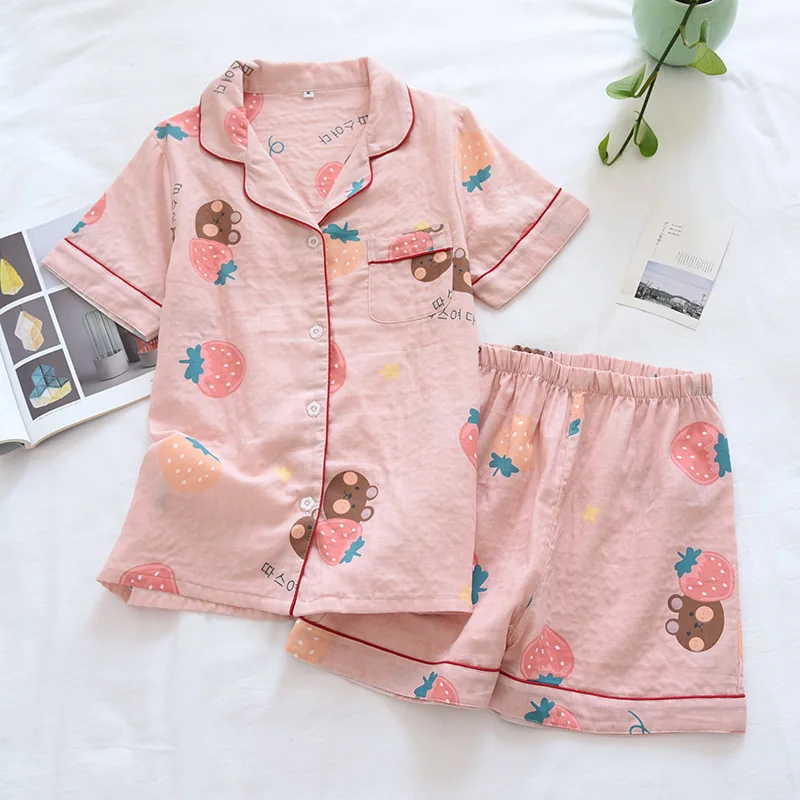 100% Cotton Pyjamas Women Short Sleeves Shorts Pajama Sets Ladies Cute Cartoon Print Japanese Simple Sleepwear Homewear Pijamas | Женская