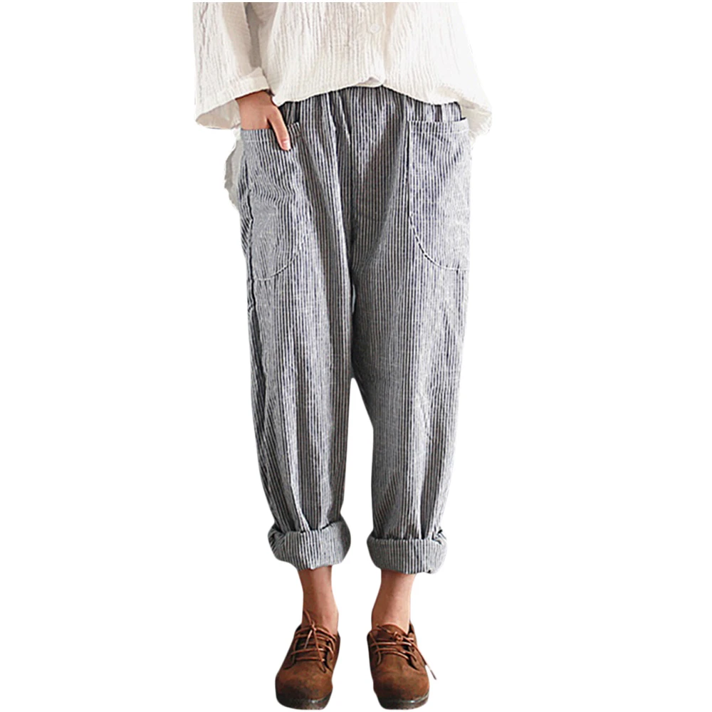 Женские брюки в полоску размера плюс свободные длинные шаровары с эластичным