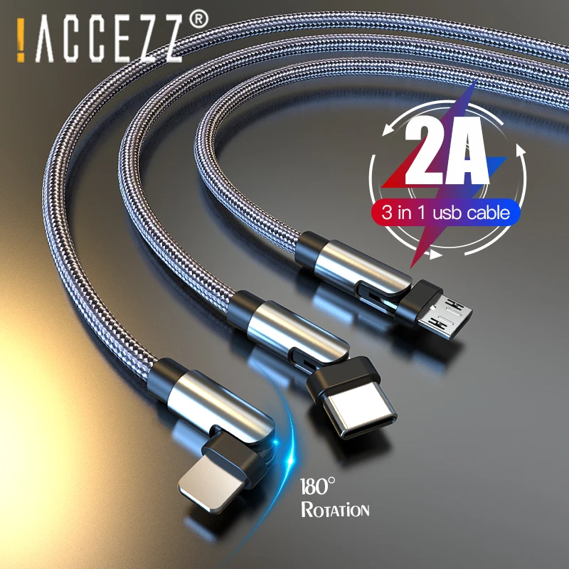 

!ACCEZZ 180 Degree Rotate 3 in 1 USB Cable Phone Charger Cable Type c Micro USB Cord Fast Charging For iPhone Huawei Xiaomi Wire
