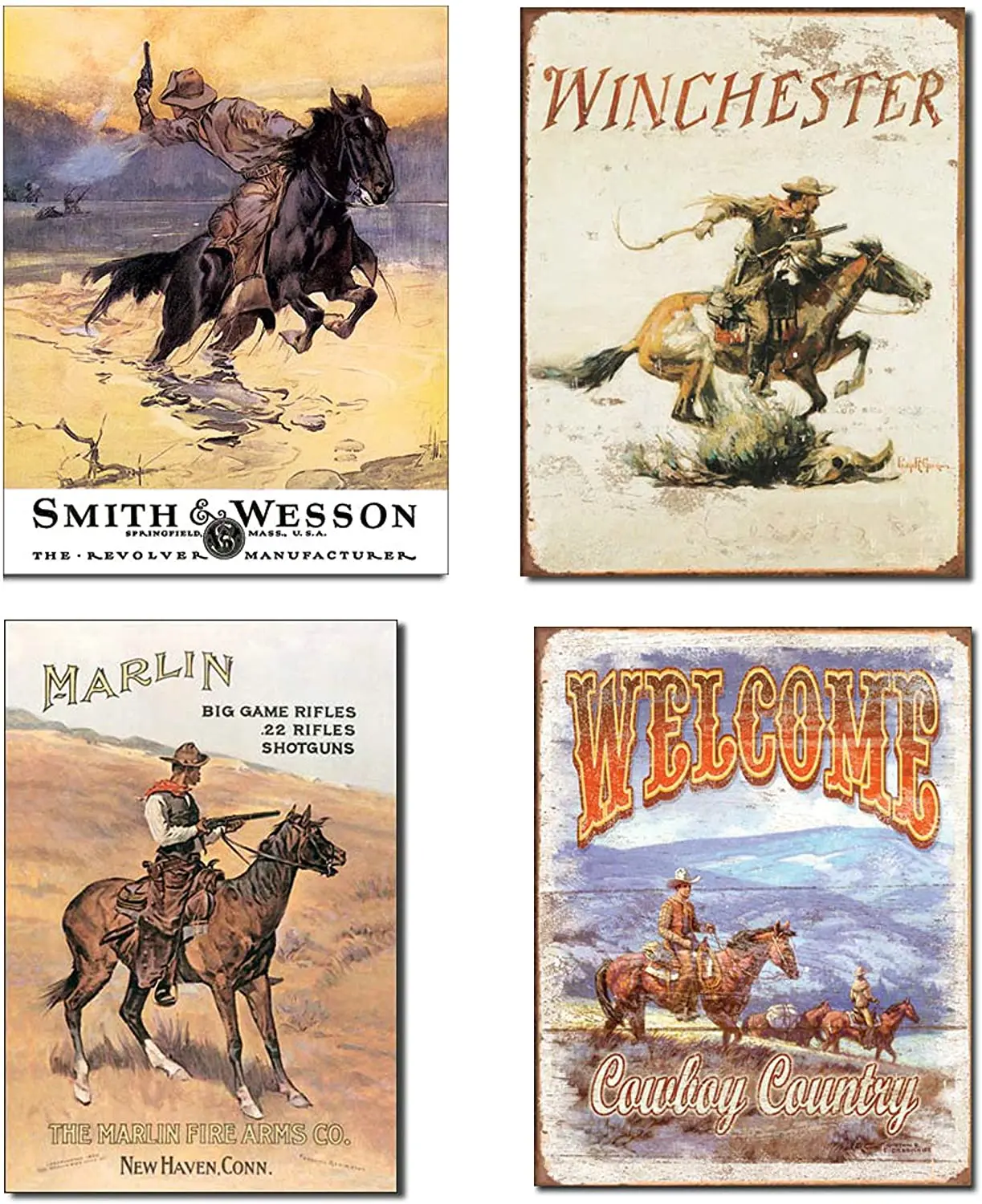 

Vintage Cowboy Tin Sign Bundle - Smith & Wesson Hostiles, Winchester, Marlin/Cowboy on Horse and Welcome Cowboy Country