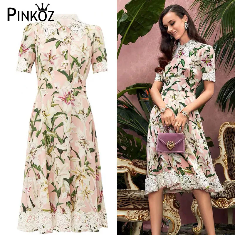 Pinkoz Подиум дизайнер Лилия Цветок печати кружева миди платье Леди Элегантный