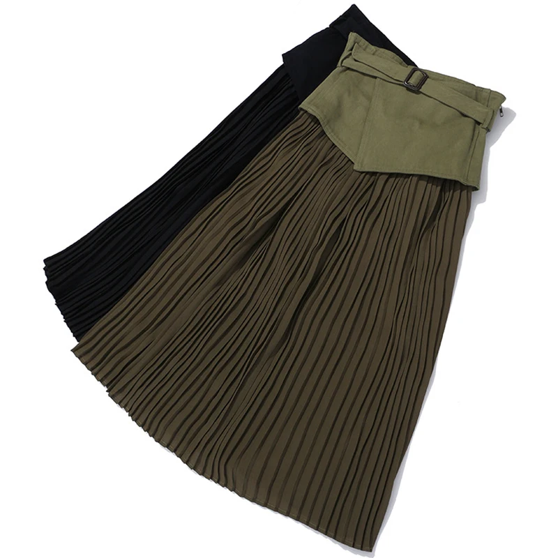 

Summer Pleated Skirt High Street 2021 Women High Waist Midi Skirt Cummerbunds Chiffon