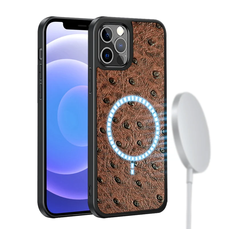 

Genuine Cow Leather Phone Case For iPhone 12 Pro Max 12 Mini Ostrich Grain Magnetic Wireless Charging Back Cover Shell