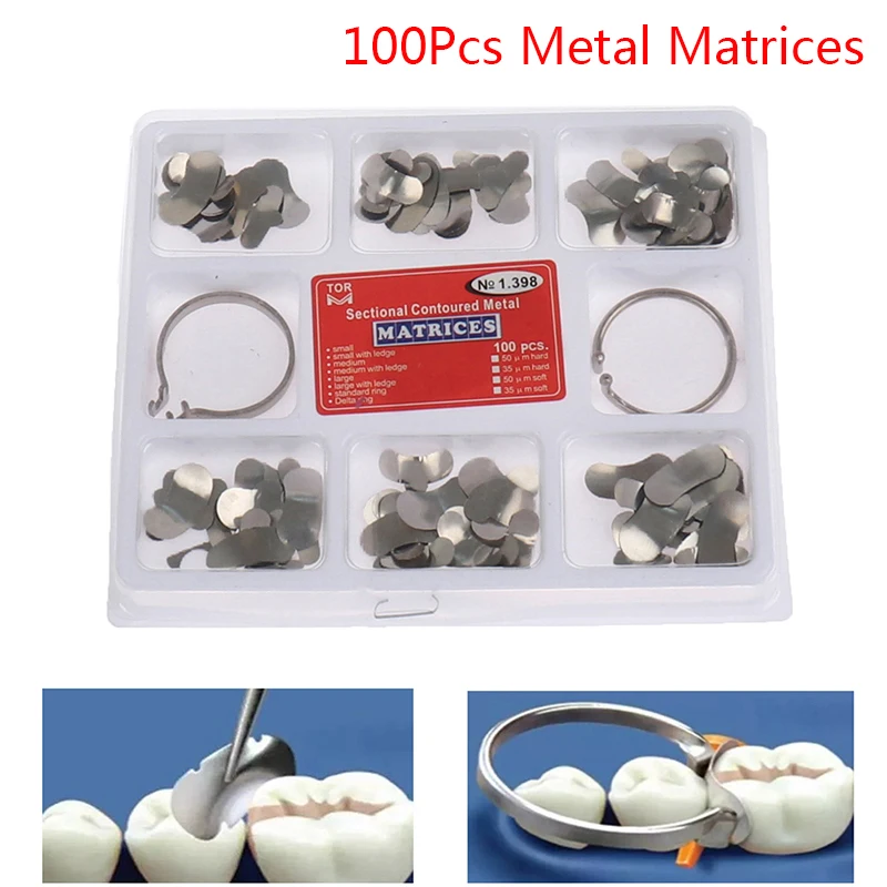

100Pcs/Box Dental Matrix Sectional Contoured Metal Matrices Bands Dental Matrix Rings Full Teeth Replacement Dentsit Oral Care