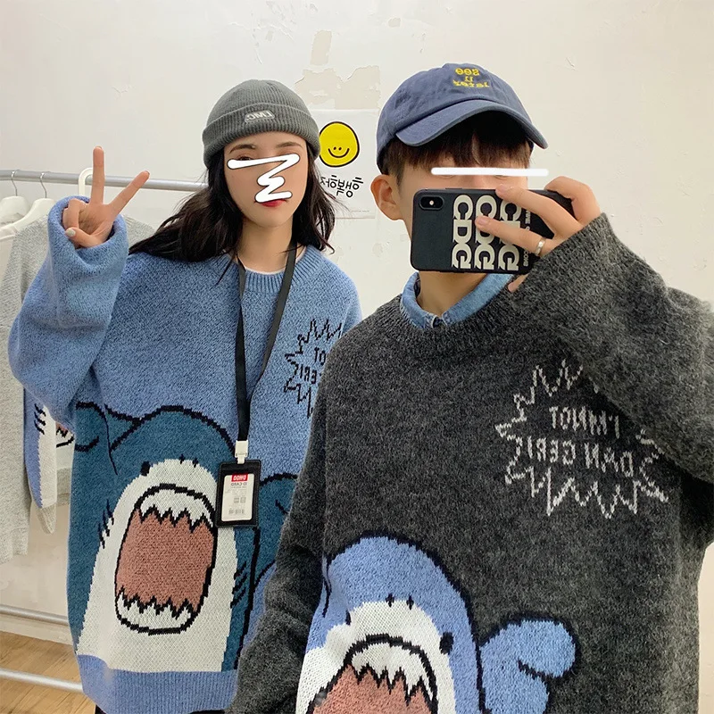 

2021 Women Shark Print Sweater Kawaii Couples Clothes Plus Size Vintage Loose Body Pullovers Black Blue Aesthetic Woman Sweater