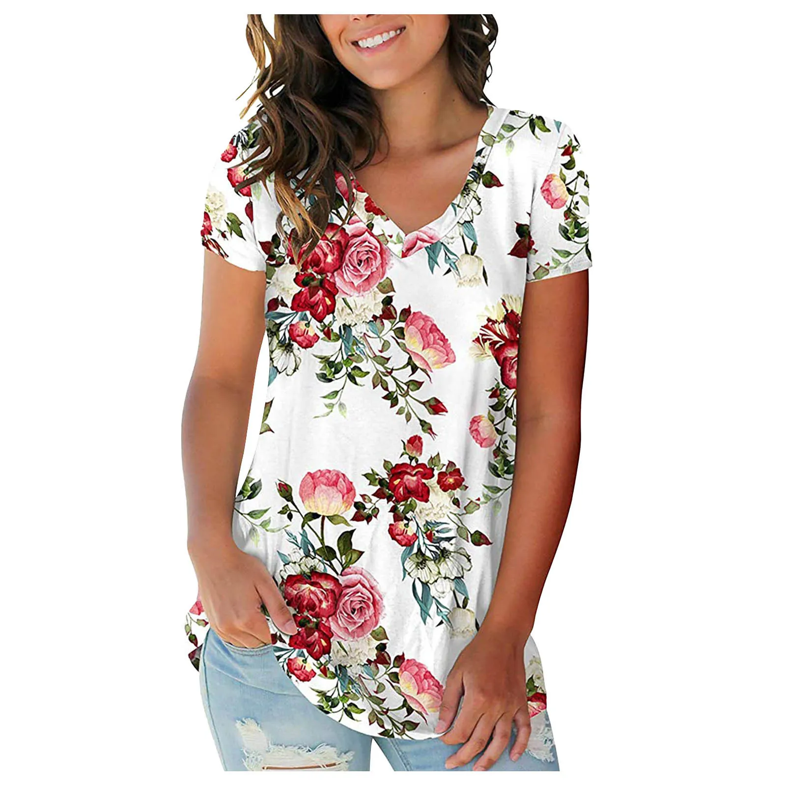 

Printed Women's Clothing 2021 Summer New Style Commute V-neck Short-sleeved T-shirt