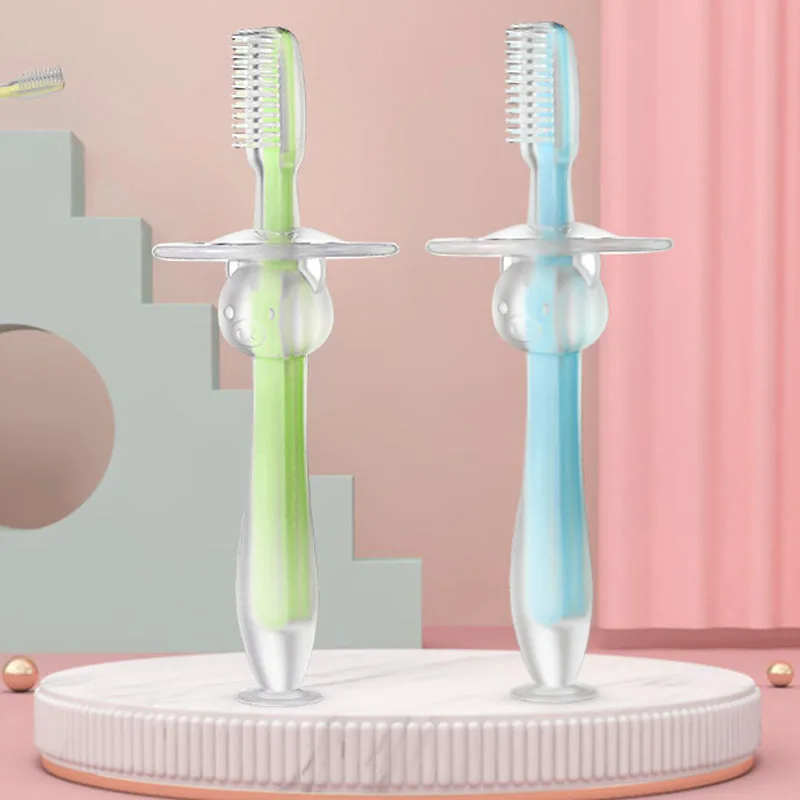 Cepillo de dientes de entrenamiento para beb&eacute;, cepillo de silicona suave con ventosa, cuidado bucal, mango encantador, 4 colores-0