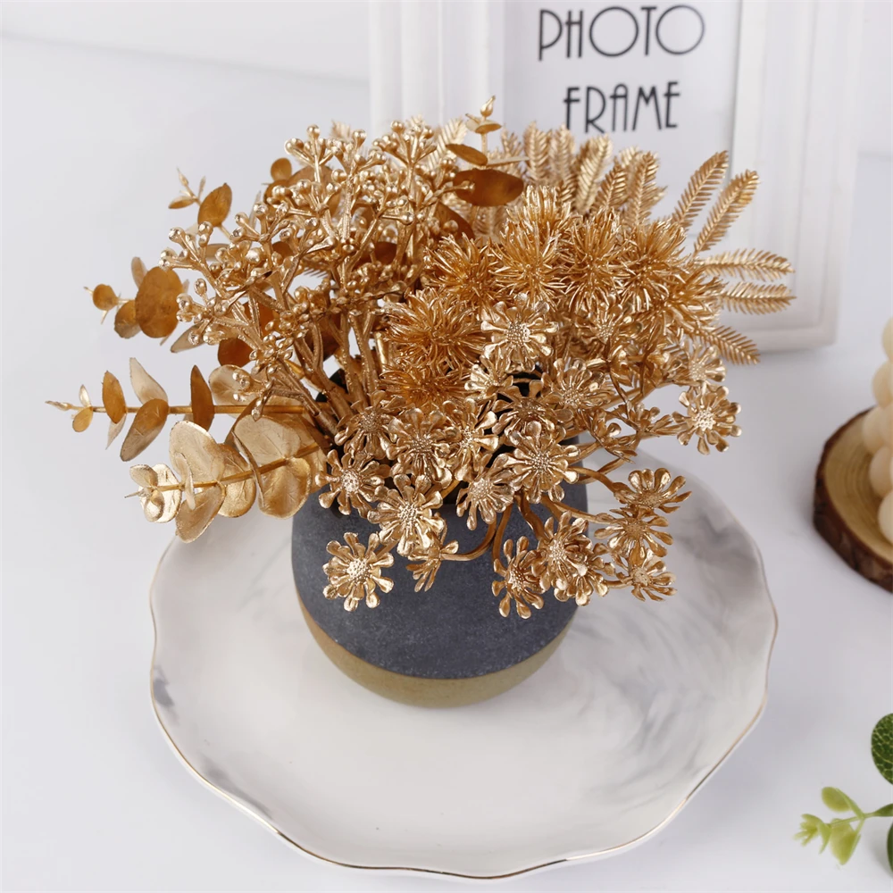 6Pcs Artificial Golden Plant Plastic Eucalyptus Leaves DIY Home Decor Fake Flowers Wedding Party Table Garland Handcraft Floral