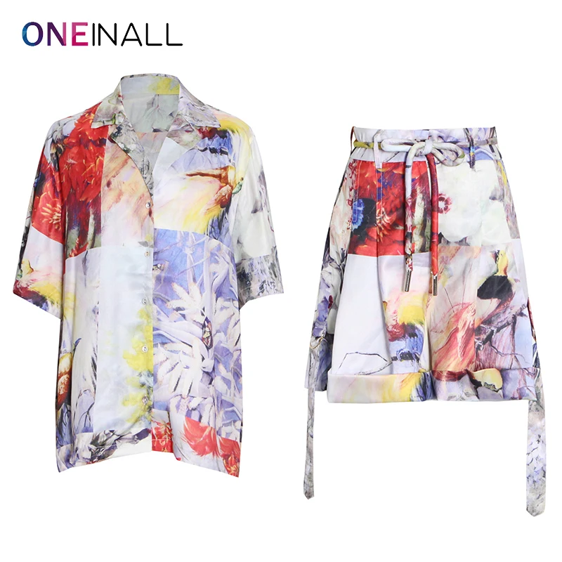 

Комплект из двух предметов ONEINALL с цветными блоками для женщин, с отложным воротником и коротким рукавом, шорты с завышенной талией на шнуров...