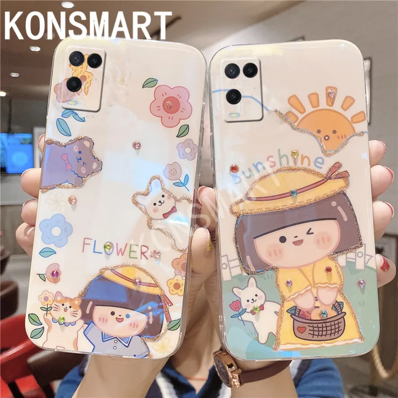 

KONSMART For OPPO A54 4G Case Blue Light Rhinestone Cute Girl Cover Soft Glitter Silicone Phone Case Oppoaa54 6.51" With Holder