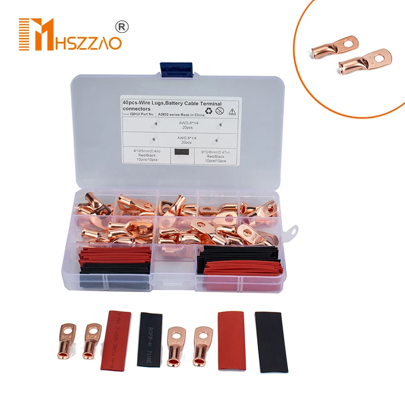 

10 Pcs 6 Specifications AGW American Standard T2 Copper Heavy-Duty Cold-Pressed Terminal Copper Nose Battery Cable Ends