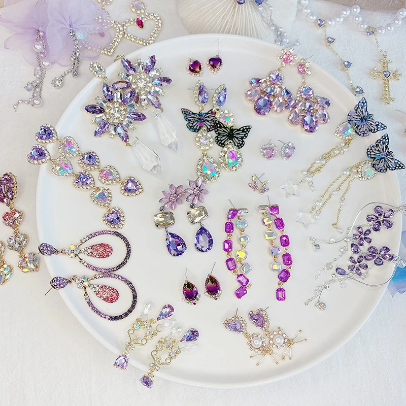 

2020 Romantic Purple Crystal Long Drop Earrings Shining Rhinestone Flower Water Drop Dangle Earrings Elegant Fine Charm Jewelry