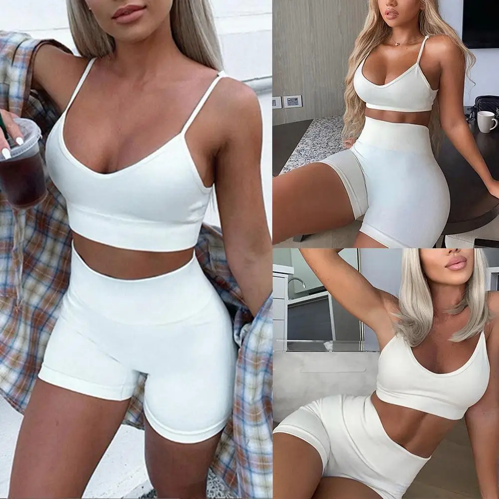 Женская однотонная майка на бретельках топ и шорты спортивный комплект удобный