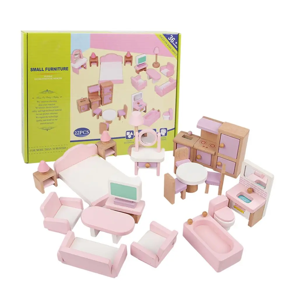 

22pcs Miniature Furniture For Dolls House Wooden Dollhouse Furniture Set Educational Pretend Play Toys Children Girls Gifts