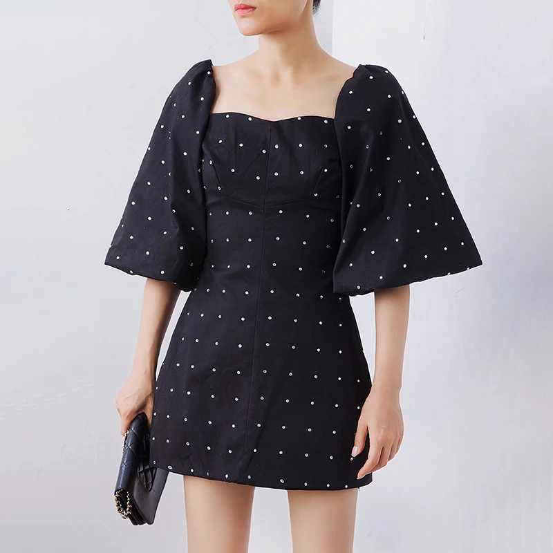 CHICEVER Diamonds Patchwork Women Dress Off Shoulder Slash Neck Half Sleeve High Waist Slim Mini Party Dresses Female New