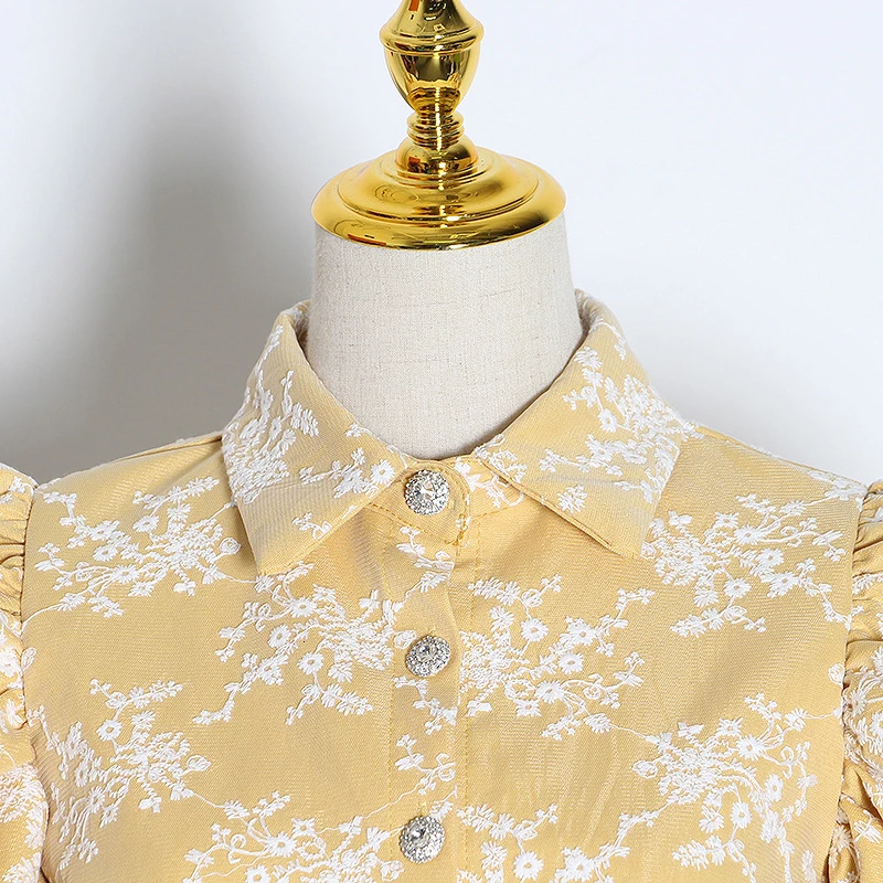 

GALCAUR Print Embroidery Shirts For Women Lapel Puff Long Sleeve Plus Size Hit Color Casual Elegant Blouses Female 2021 Clothing