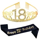 Атласная тиара с короной и поясом для девочек, повязка на голову для вечеринки в честь 18-го дня рождения, серебристо-золотистая, 18