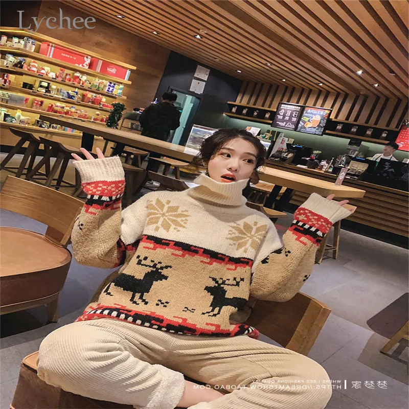 

Lychee Harajuku Christmas Cartoon Print Women Sweaters Turtleneck Loose Female Jumpers Pullovers Spring Autumn Winter Lady Tops