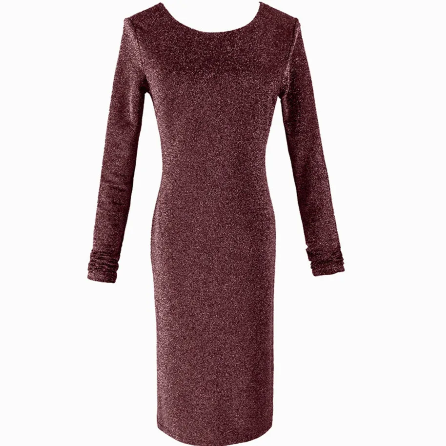 

Open back long-sleeved solid color folds pleated autumn and winter new slim bodycon dress women's fashion party dress vestidos
