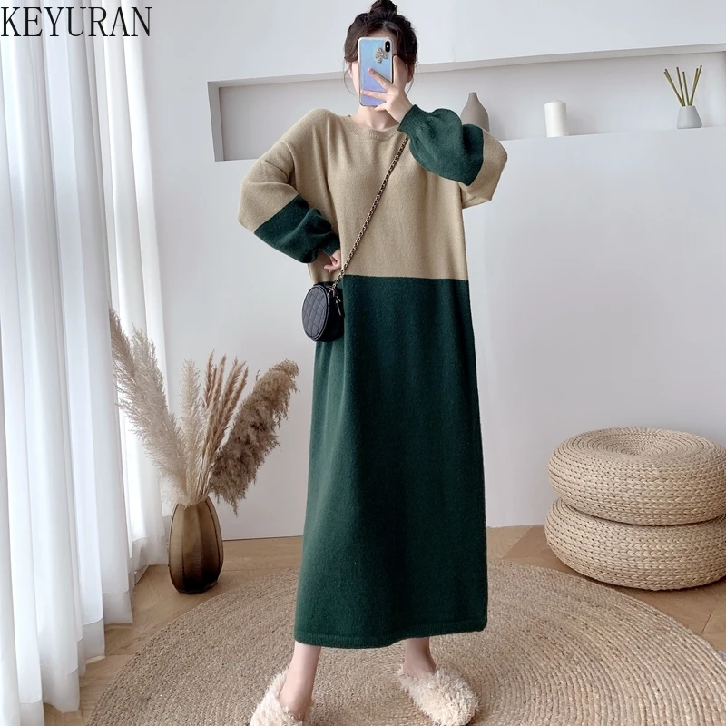

Oversize Long Sweater Dress Women 2021 Fall Winter Korean Casual Contast Straight Lantern Long Sleeve Loose Knitted Dress Female