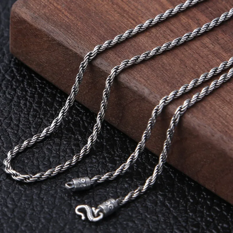 

BOCAI New 2023 Fashion 100% Real S925 Silver Jewelry Accessories 1.6mm Vintage Necklace for Man Hemp Rope Weave Pattern