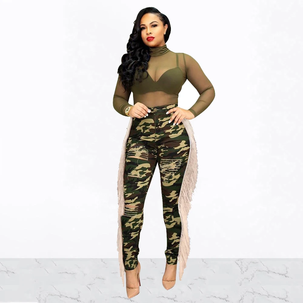 Сексуальные камуфляжные брюки с высокой талией и дырками женские осенние модные