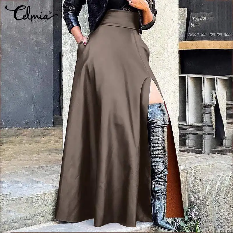 

Women PU Leather High Split Skirts Celmia Fashion High Waist Zipper A-line Faldas Elegant Office Lady Solid Color Pockets Jupes