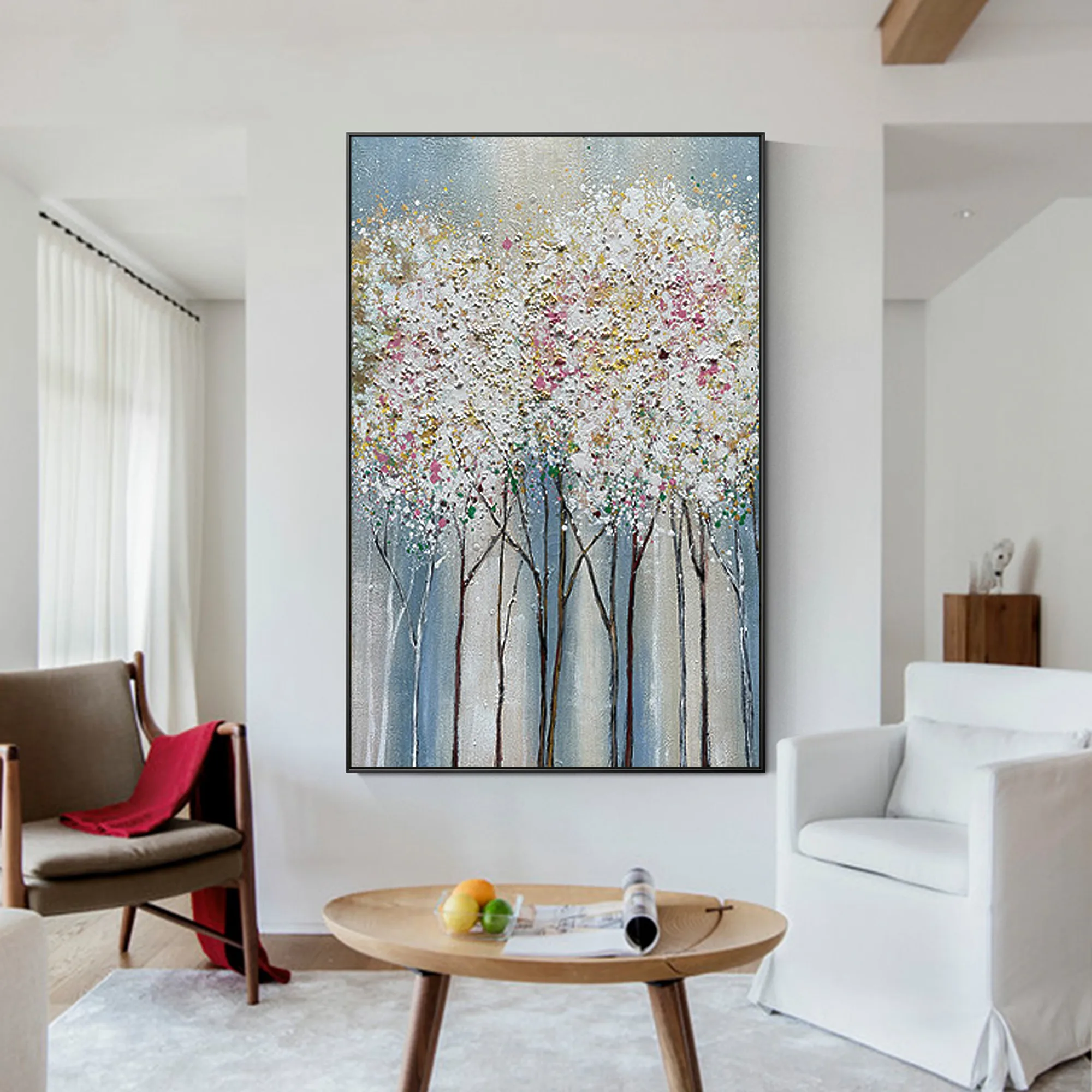 Koop Grote Abstract Hand Geschilderd Landschap Tree Wall Art Foto Acryl Textuur Canvas Wit Olieverf Woonkamer Home Decor