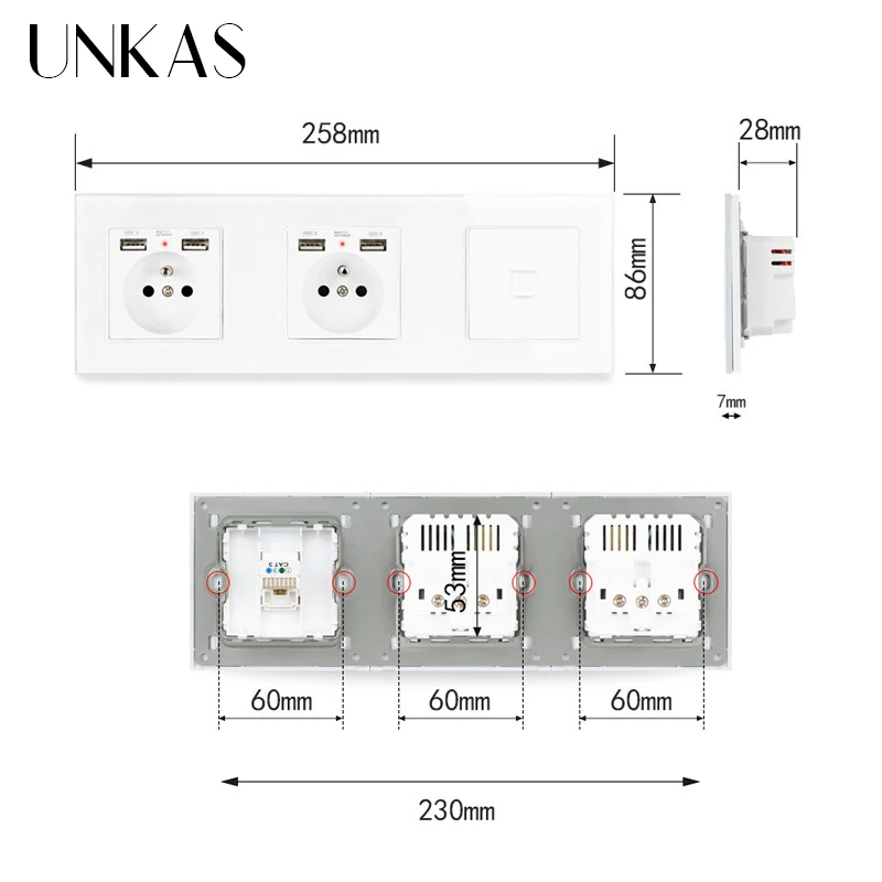 Двойная французская стандартная настенная розетка UNKAS из закаленного стекла с 4