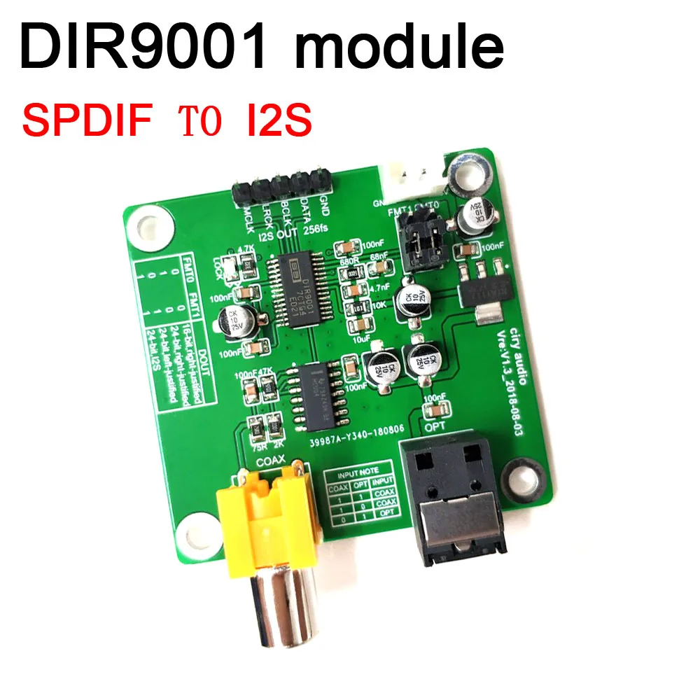 

DIR9001 module Fiber coaxial Coaxial Receiver SPDIF to I2S output 24bit 96khz Dedicated for DAC Supply voltage: 5V