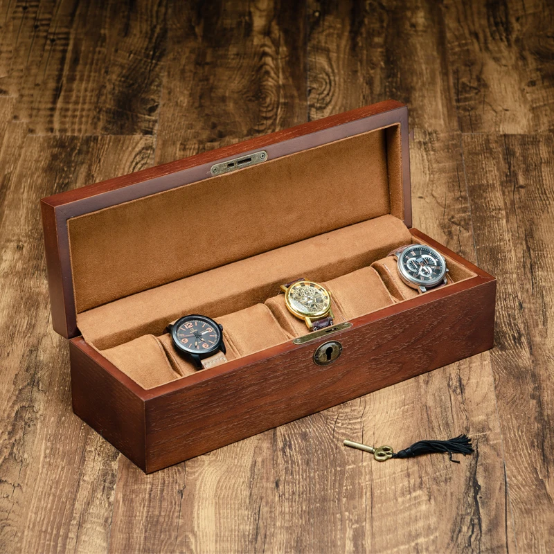 MEI 6 Slots Wood Watch Storage Box With Lock Fashion Watch Display Gift Case With Key Men's Mechanical Watch Box W043