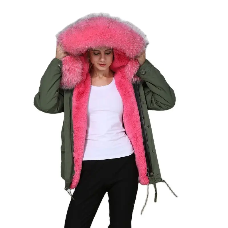 Mhnkro New Arrival Peach Pink Soft Raccoon Fur Collar Ladies Winter Casual Short Length Luxury Fur Parka With Hoodies