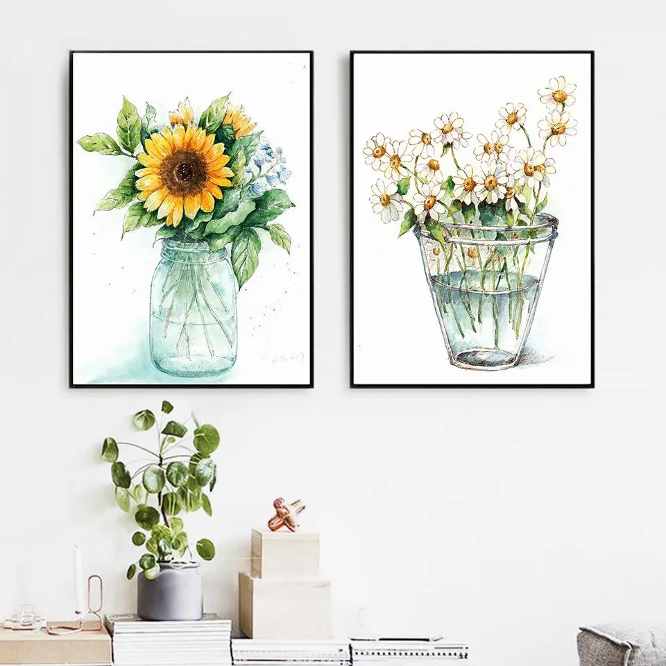 Sunflower Daisy Nordic Style Art Flowers Green Potted Plant Painting living Room Wall Canvas Print Nord Home Decor Sacred Simple | Дом и сад