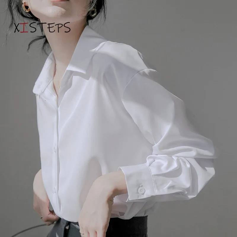 Chiffon Suit White Shirts For Women 2021 Spring Summer Blue Blouses Long Sleeve Turn-down Collar OL Style Clothes Blusas Mujer