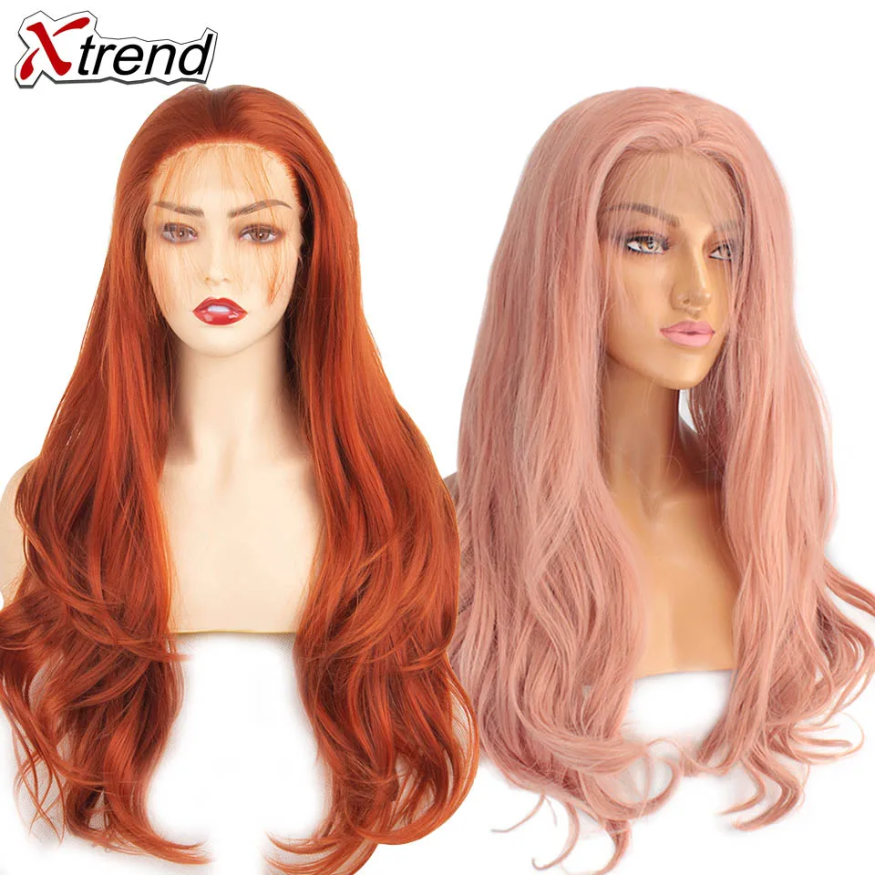 Xtrend Synthetic Lace Front Wig Long Pink Copper Red Purple Orange Ombre Grey Blonde White Wigs For Women Wave Hair Female |