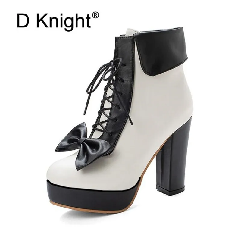 

Big Size 34-48 Women Ankle Boots Lolita Shoes Sweet Bow Lace Up Thick High Heel Western Boots Shoes Woman Short Plush Lady Shoes