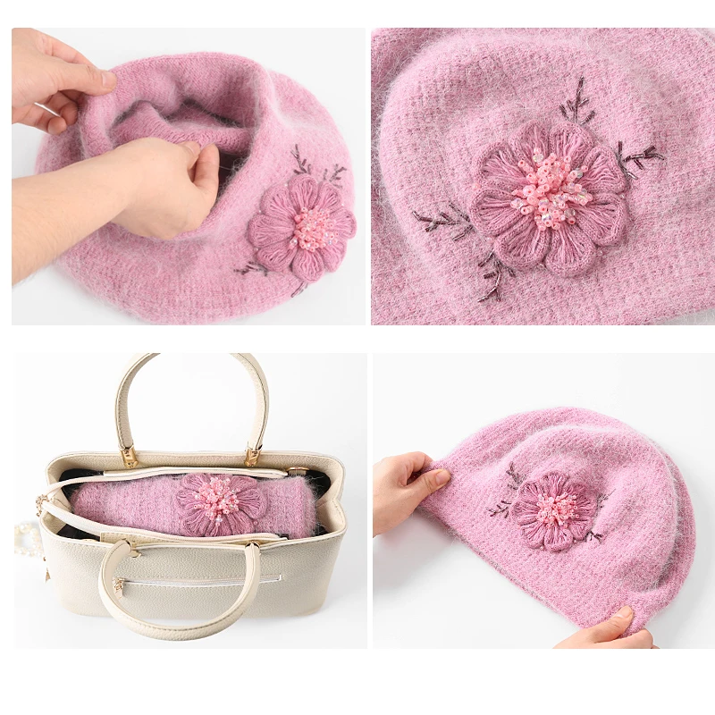 Женская вязаная шапка берет из ангорской шерсти осенняя теплая двухслойная