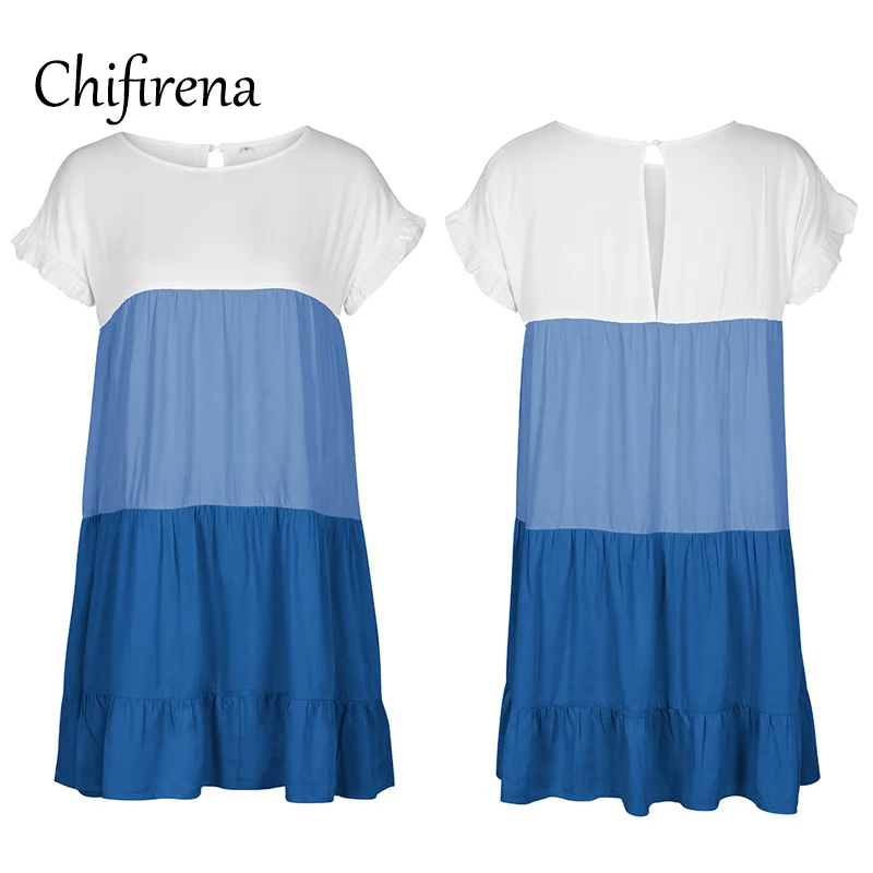 

Chifirena Summer Dress Women Short Sleeve Patchwork Loose Dresses Big Swing Ruched Sundress Holiday Beach Elegant Vestidos Femme