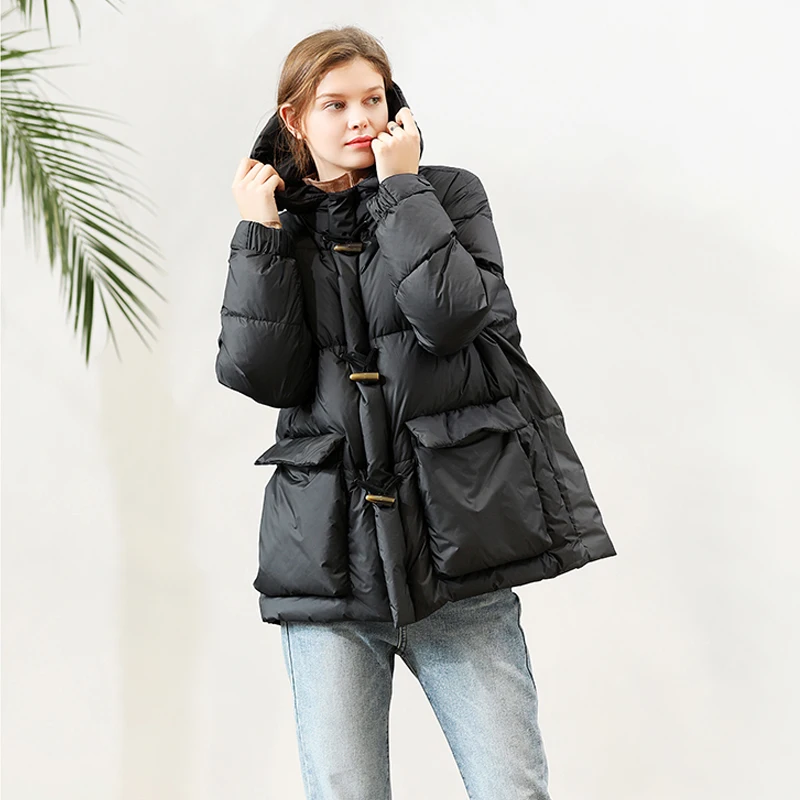 Женский пуховик на 90% белом утином пуху теплая свободная парка молнии с капюшоном