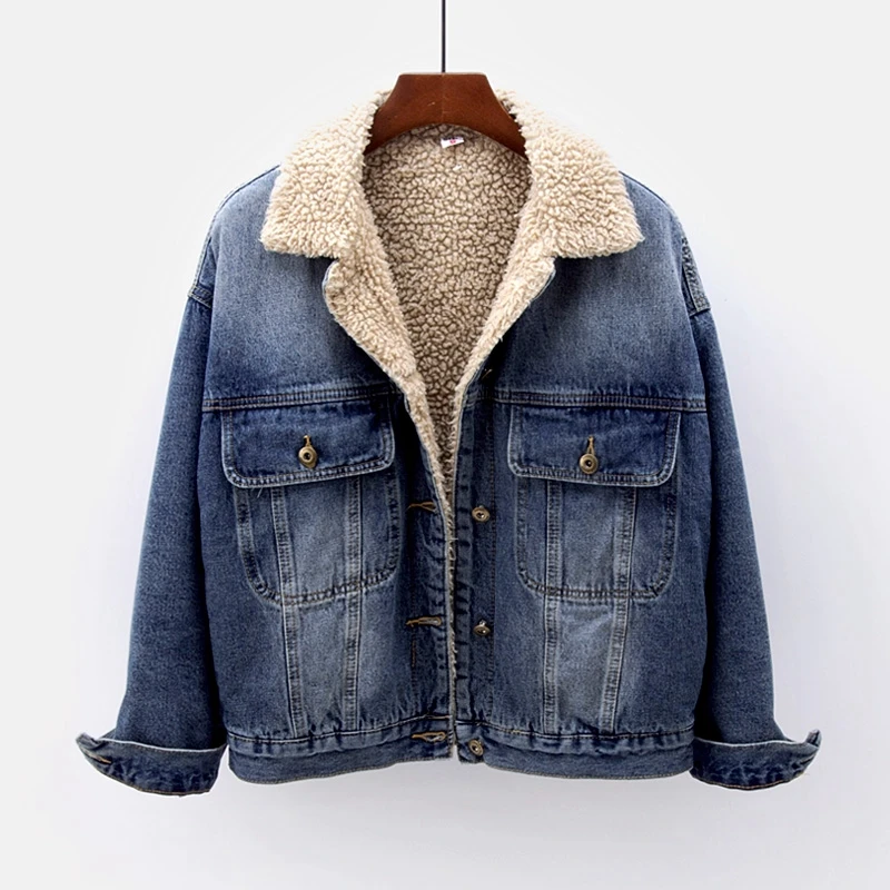 

Winter Thick Warm Lamb Fur Liner Jeans Jacket Women Casual Loose Denim Jackets Coat Female Vintage Outerwear Chaquetas Mujer