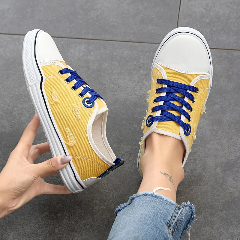 Желтая милая дешевые парусиновые туфли для женщин из канваса без шнурков дышащие