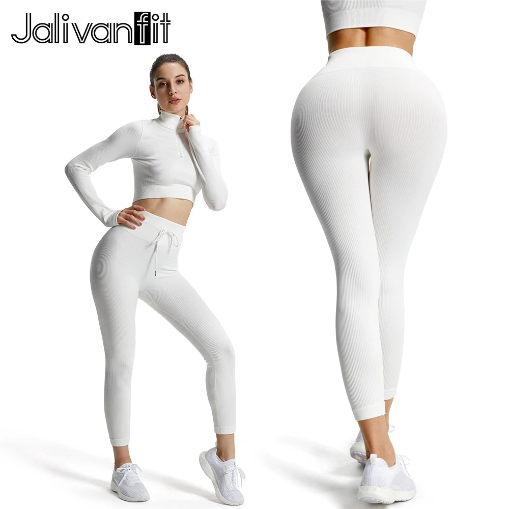 

Женский спортивный костюм из 2 предметов в рубчик, облегающий бесшовный костюм с длинным рукавом, леггинсы с высокой талией и эффектом пуш-а...